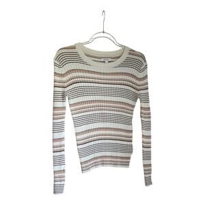 Nine West Womens M Horizontal Striped Sweater Ivory Long Sleeve Stretch